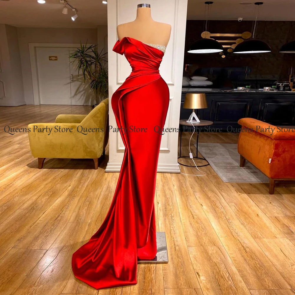 High Quality Red Prom Dress Sexy Sleeveless Beading Stones Ruched Pleat Dubai Mermaid Evening Gown Satin Party Dresses