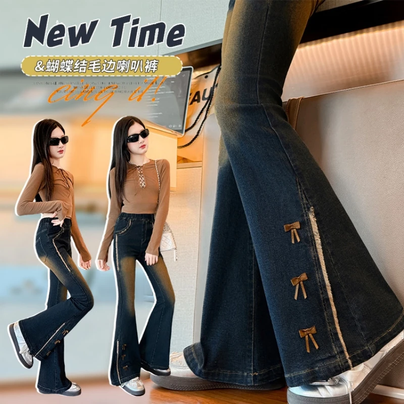

Girls' Denim Flare Jeans, Retro Washed Flare Jeans for Girls, Children's Fitted Denim Pants, Autumn Daily Long Pants for Ages14Y