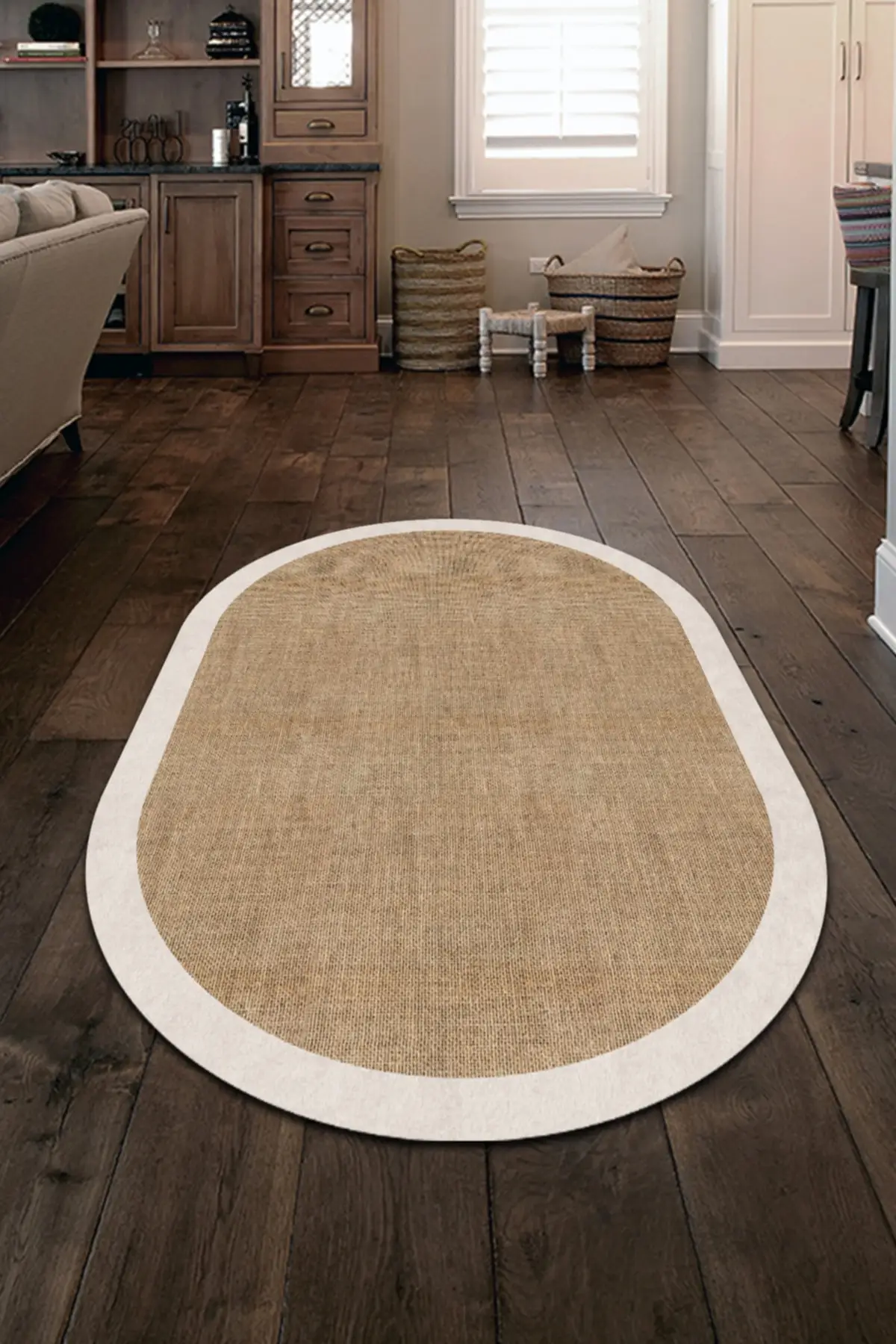 

DOLBOVI Digital Printed Non-Slip Base Washable Jute Straw Oval Carpet Looking Cream Striped Oval Carpet-7024