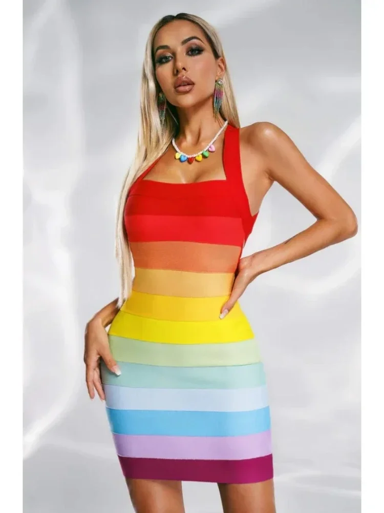 Sexy Halter Backless Rainbow Bandage Dress Women Spaghetti Strap Colorful Bodycon Mini Dress Evening Birthday Club Outfits