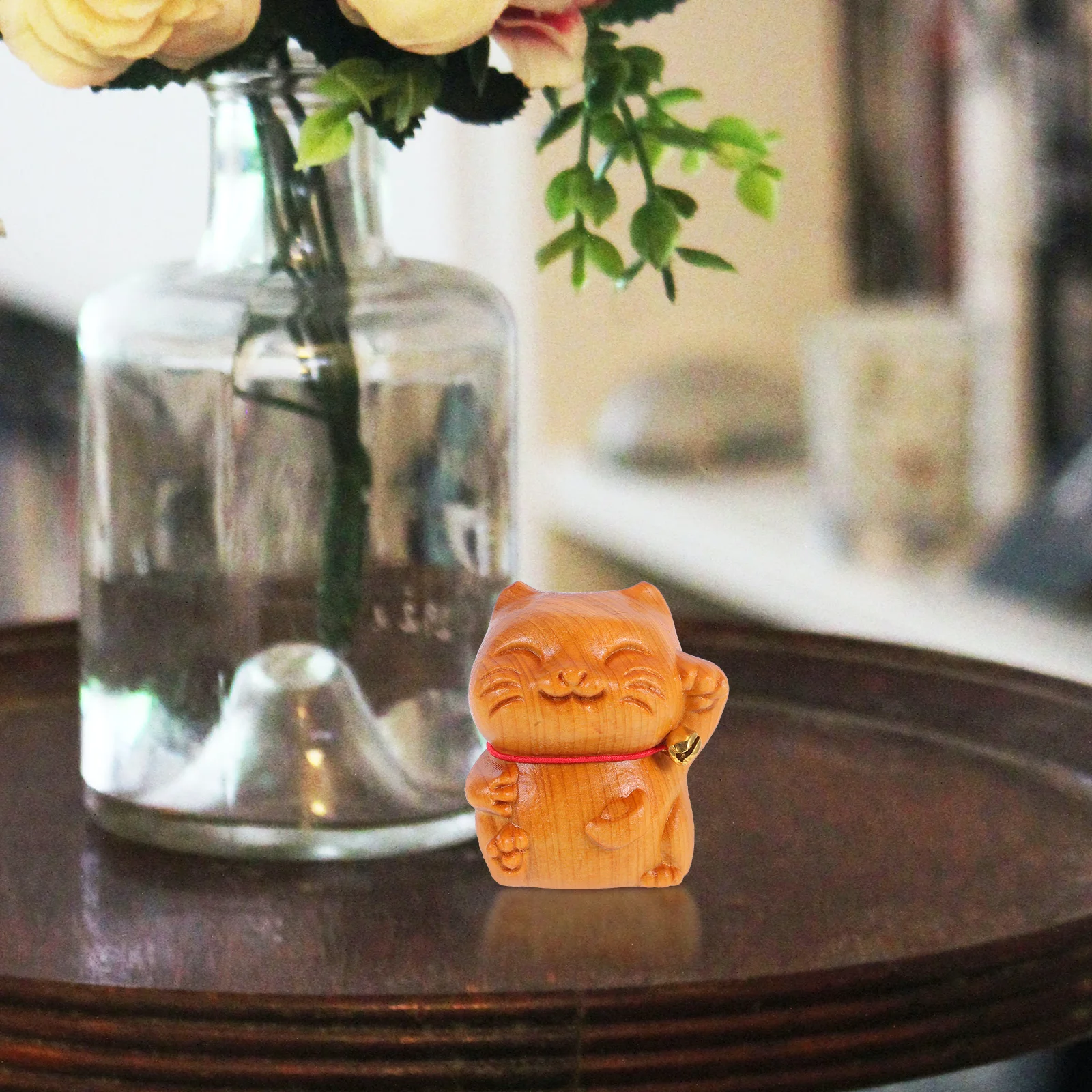 

Hand-Carved Wooden Fortune Cat Small Sculpture Charm for Home Decor Desk Display Good Luck Ornament Wooden Cat Statue