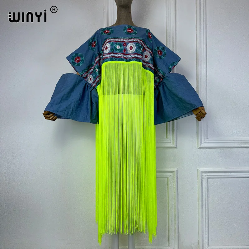 WINYI summer embroidery cover-ups boho fashion top sexy Holiday long tassels maxi party dress for women Denim jacket