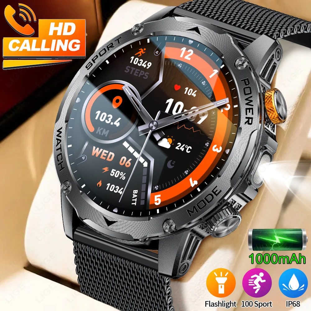 2026 New For Android iOS Smart Watch Men 1000mAh Sport Smartwatch Man LED Flashlight Waterproof Heart Rate Bluetooth Call Clock