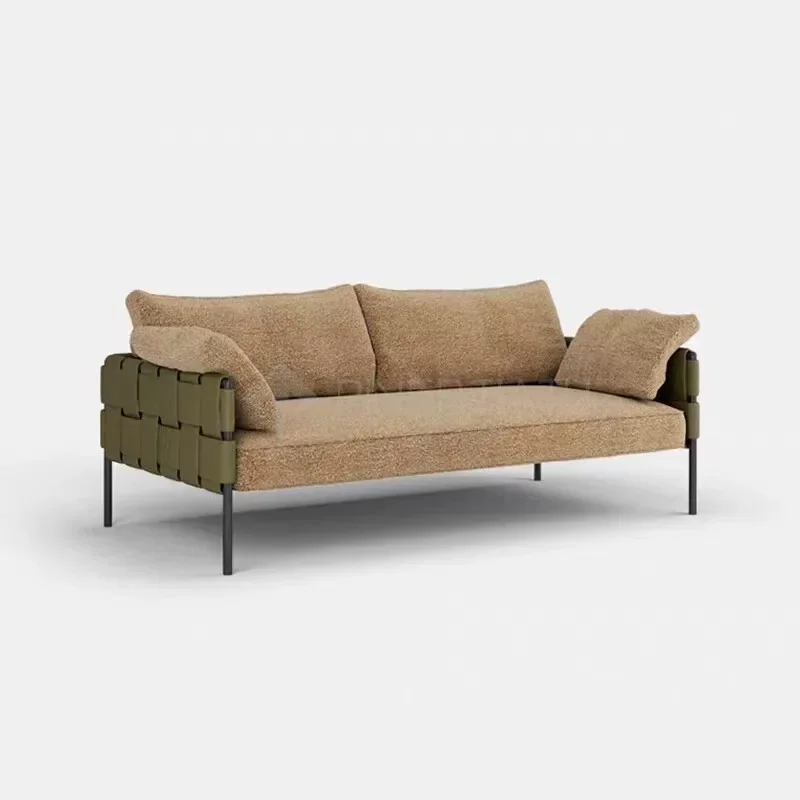 

Living room sofa design stainless steel armrest single sofa chair leather woven straight row sofa
