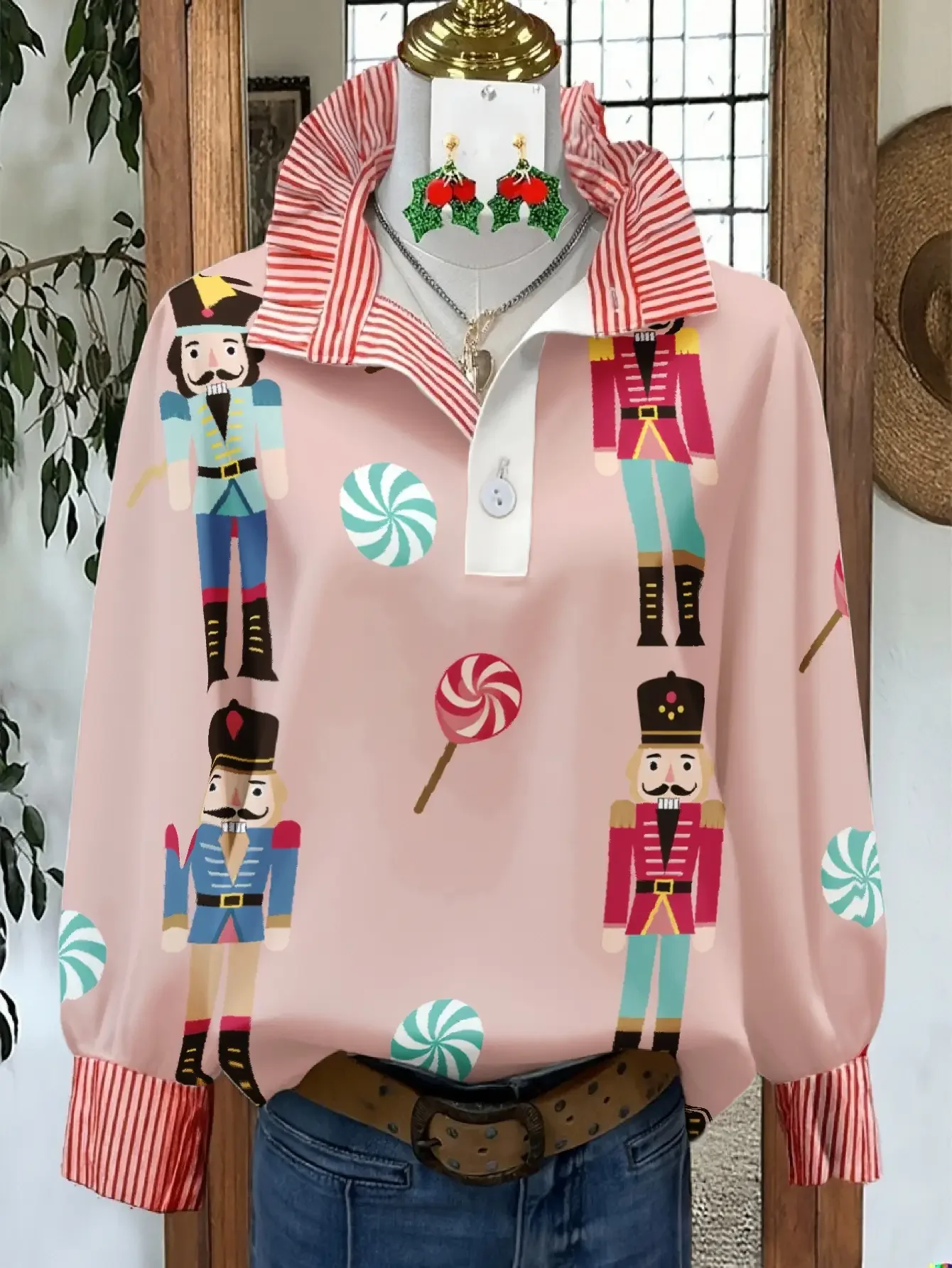 Christmas Women's Top Spring and Autumn Winter Women's Stand up Collar Shirt Long Sleeve, Buckle closure