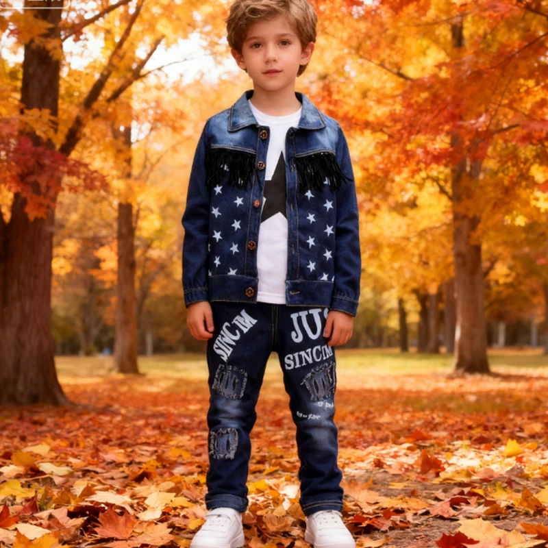 

2026 Cute Boys Denim Tracksuit Long Sleeve Children Clothing Leisure Kids Sport Tracksuit Fashion Star Printed Clothes 1-4 Years
