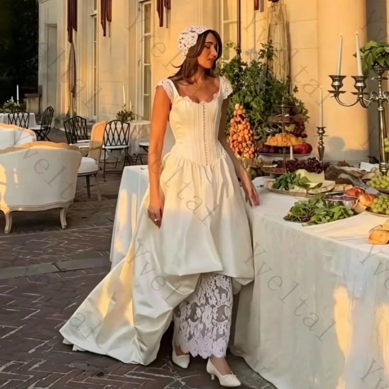 Customized Elegant Temperament Scoop Collar Sleeveless Draped Sweep Train Satin with Lace Wedding Dresses Enchanting Bridal Gown