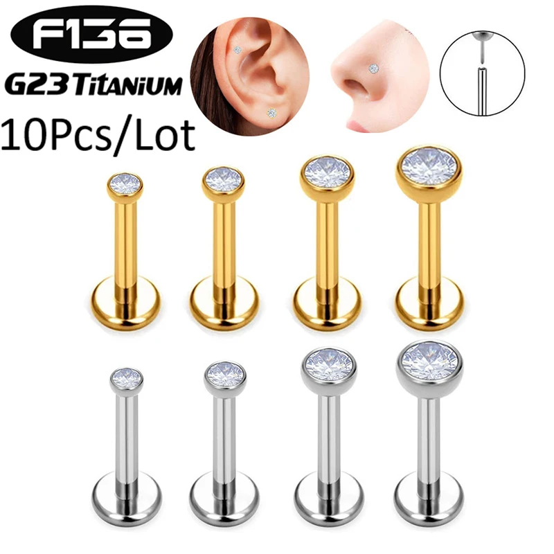 

10Pcs G23 Titanium 16G Threadless Push Pin Labret Stud Cubic Zircon Cartilage Earring Helix Tragus Nose Stud Piercing Jewelry