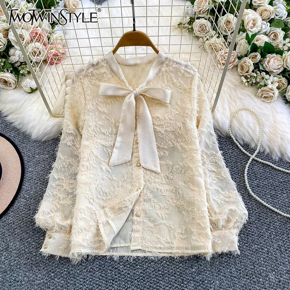 TWOTWINSTYLE Gentle Temperament Solid Blouses For Women Round Neck Long Sleeve Autumn Elegant Loose Shirts Female New KBL557033