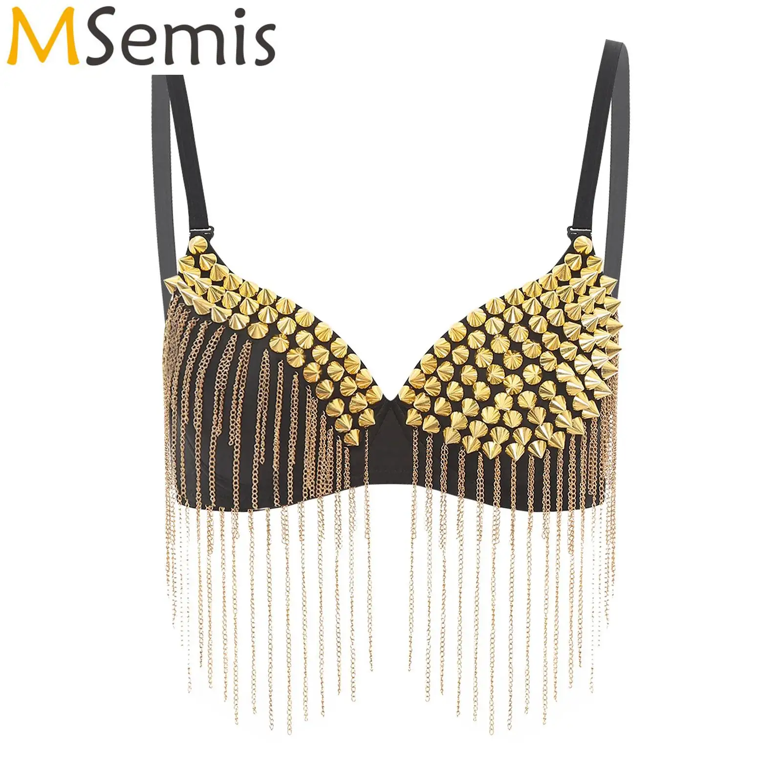 Women Tassel Bra Rivets Chain Tassels Bra Night Club Performance Costume Jazz Dance Bra Tops Music Festival Party Crop Top Bra