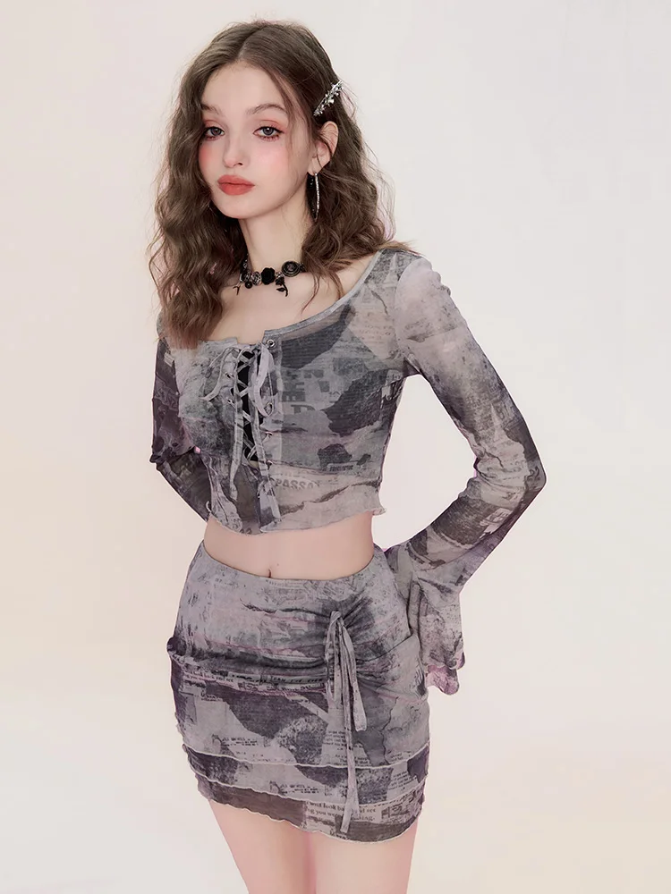 Long Sleeve Pullover Women's Geometric Pattern Printing and Dyeing Gradient Suit Spring Retro Two-Piece Set Slim Skirt Fashion