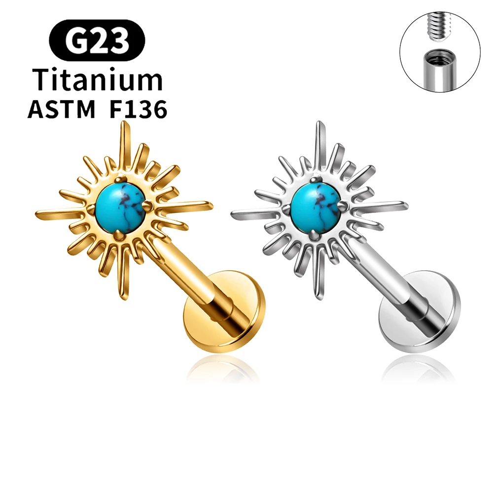 ASTM F136 Titanium 16G Turquoise Sun Labret Lip Stud Flat Back Sunshine Cartilage Earring Helix Tragus Ear Nose Piercing Jewelry