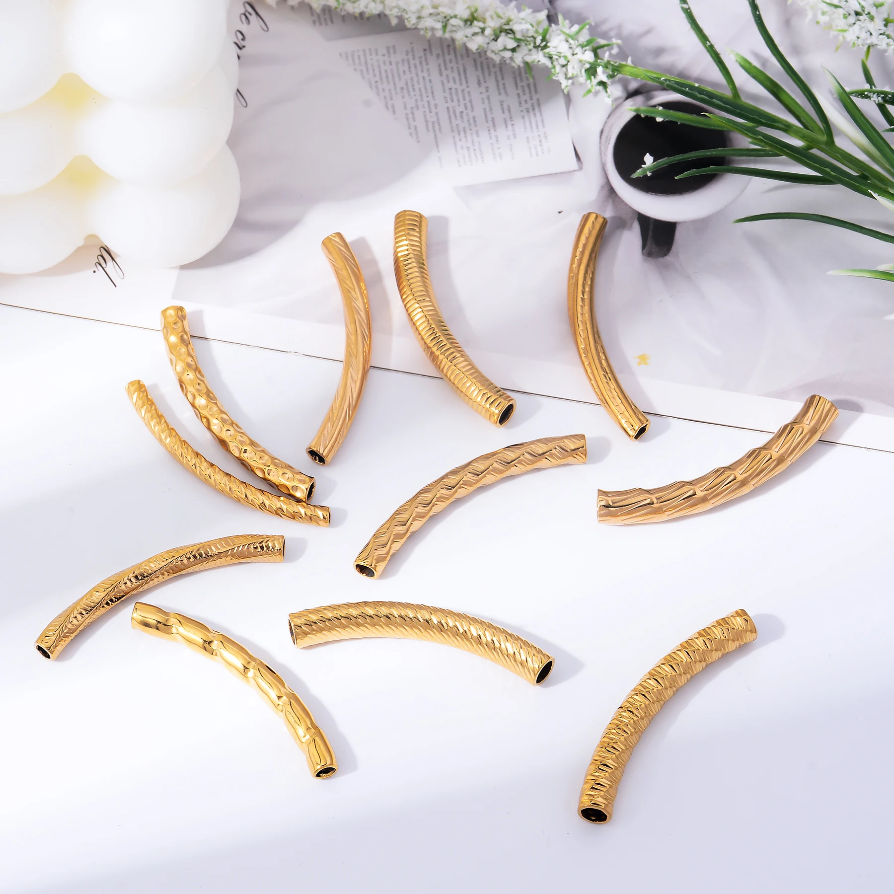 6 Stück/Set Edelstahl PVD Gold Geprägte Röhren-Abstandshalter-Perlen-Verbinder für Armband-Halskette-Anhänger DIY Schmuckzubehör – Detail 3