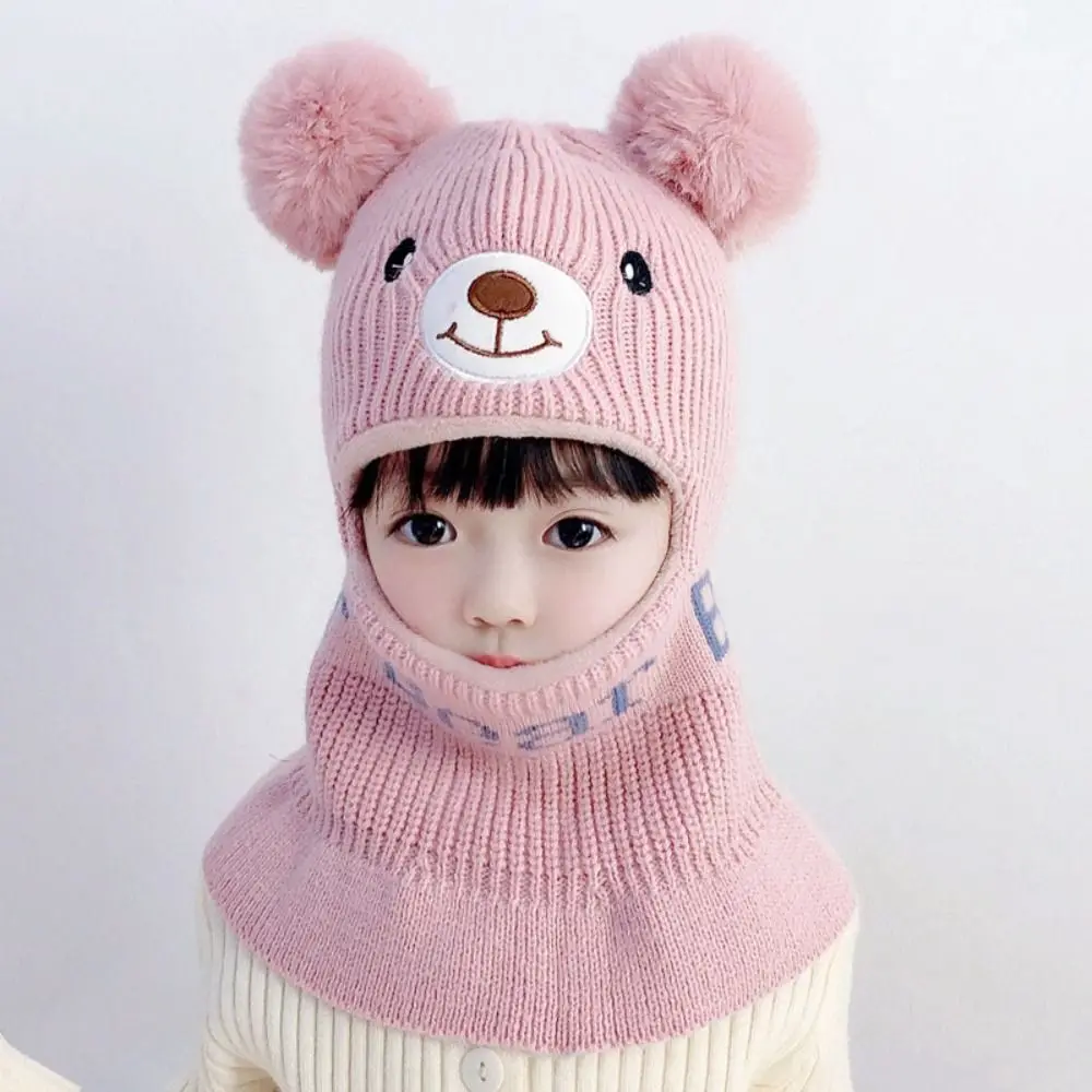 Cute Cartoon Kids Integrated Cap Scarf Knitted Windproof Beanie Hat Scarf Soft Warm Scarf Set Hooded Autumn Winter