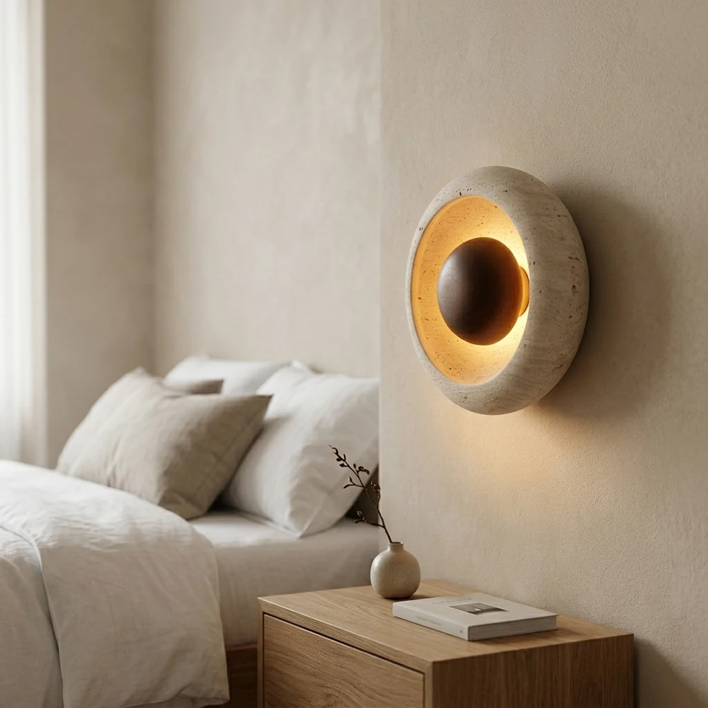 Natural Yellow Travertine Wall Lamp Wabi-Sabi Style Wood Stone Sconce Light 20cm Modern LED Bedside  Living Room Decor Lighting
