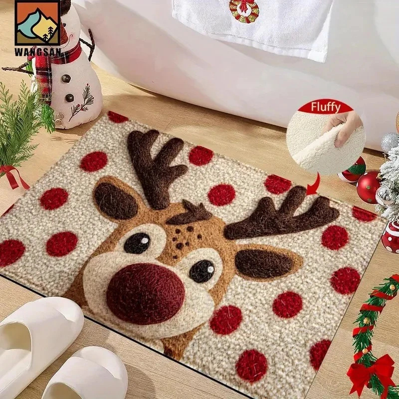 VIKAMA Cute Reindeer Doormat Red Polka Dot Beige Background Non Slip Entrance Rug Christmas Holiday Floor Mat Front Door Outdoor