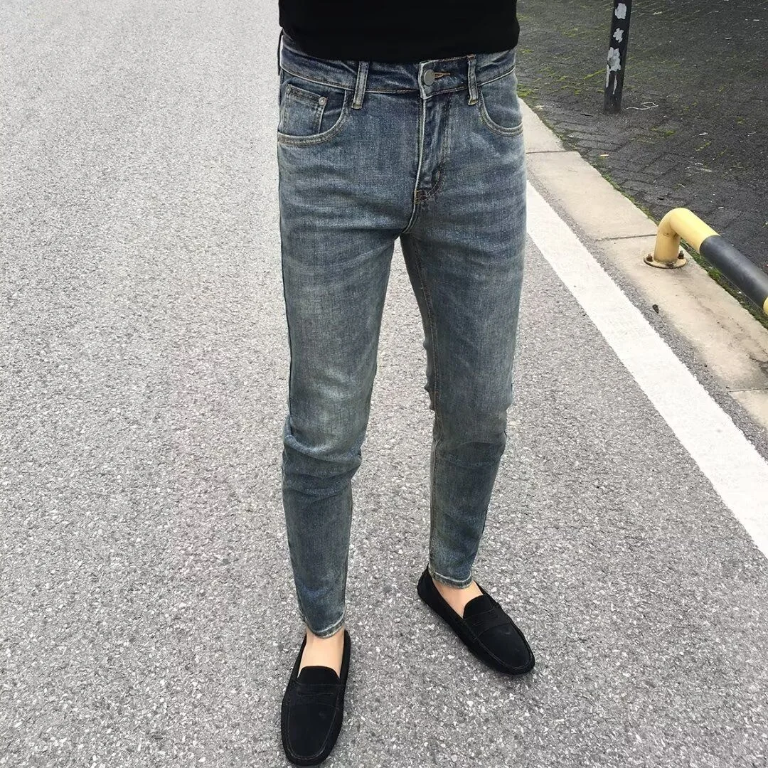 

Мужские джинсы Slim Fit, повседневные, с эффектом потертости, на эластичной резинке, молодежный стиль, однотонные, всесезонные, из смесового хлопка и полиэстера, с высокой талией