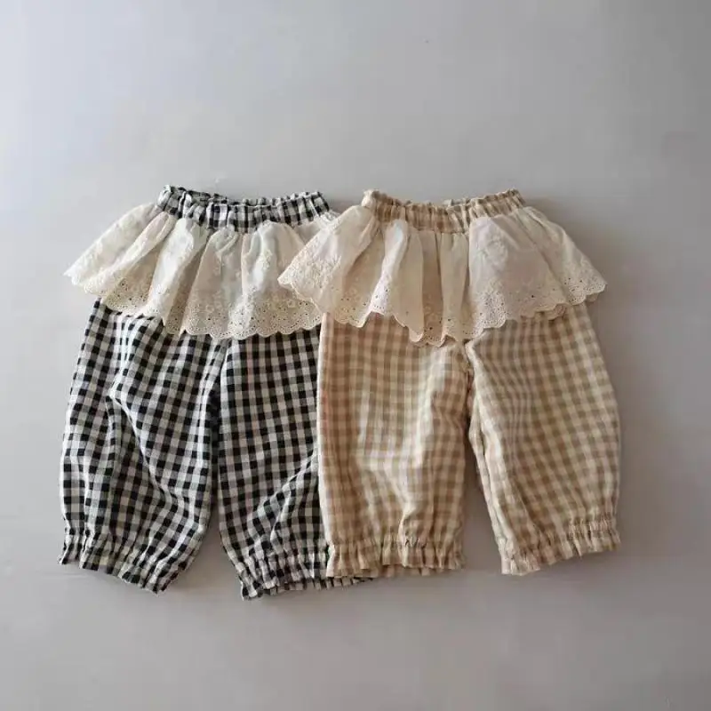 

2026 Spring New Baby Girl Cute Plaid Pants Children Casual Pants Girls Lace Trousers Toddler Cotton Harem Pants Kids Clothes