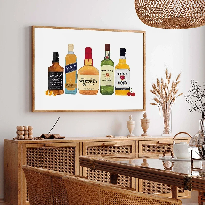 Illustrationen von Champagner- und Whiskeyflaschen, Poster und Drucke, Leinwanddruck, Wandkunst, Bild für Wohnzimmer, Heimdekoration