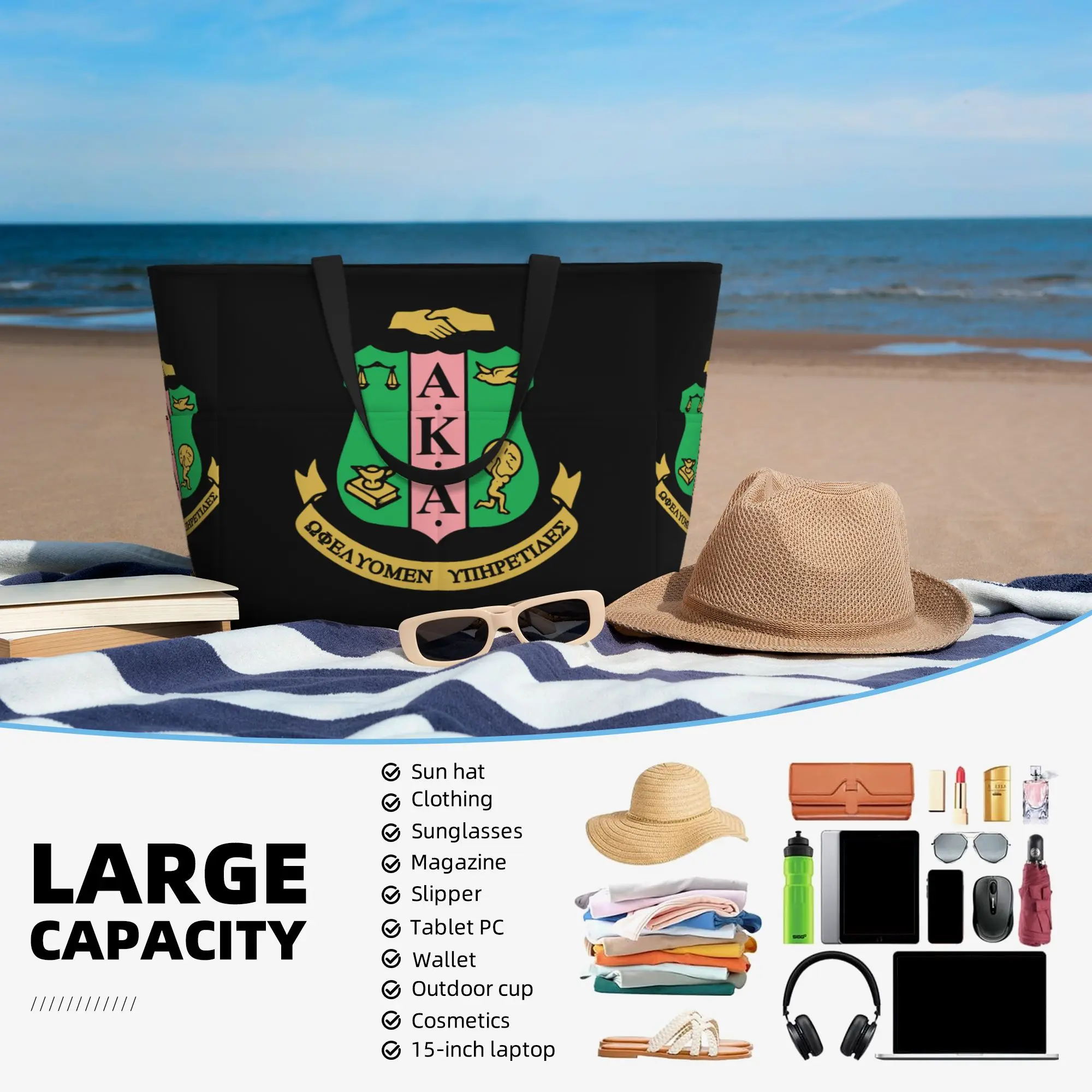 AKA Sorority Large Waterproof Beach Bag for Women Sandproof Pool Bag Tote Bag with Zipper and Pockets for Gym Travel Vacation