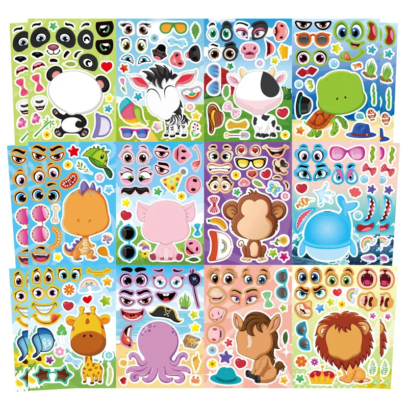 Make Animal Face Cartoon Stickers for Kids Make Your Own Safaris Sea Dinosaur DIY Puzzle Stickers Sheets Children Rewards Gifts