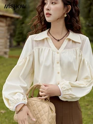 MISHOW Bubble Sleeve V Neck Shirt 2024 Vintage French Polo Neck Long Sleeved Top Splicing Chiffon Embroidery Shirts MXD41X1637