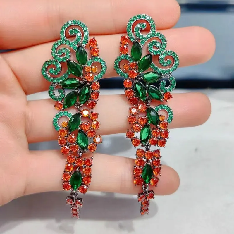 Bilincolor Cubic Zirconia Green and Orange Long Earring for Women