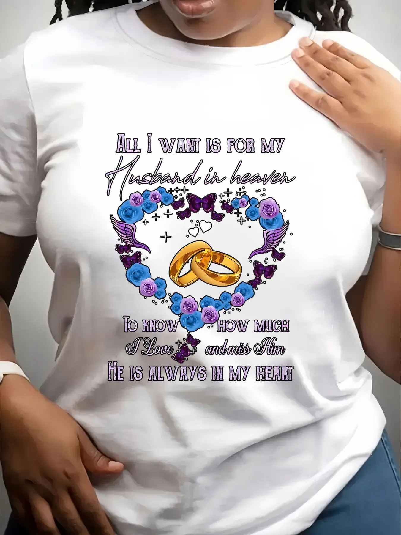 Women's Trendy Crew Neck T-Shirt Husband in Heaven Heart Rings Flowers Suitable for Casual Sportswear