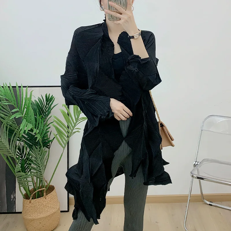 

Miyake Diamond Pleated Cardigan Top 2024 Autumn New Scarf Collar Long Sleeve Heavy Duty Irregular Shirt Coat