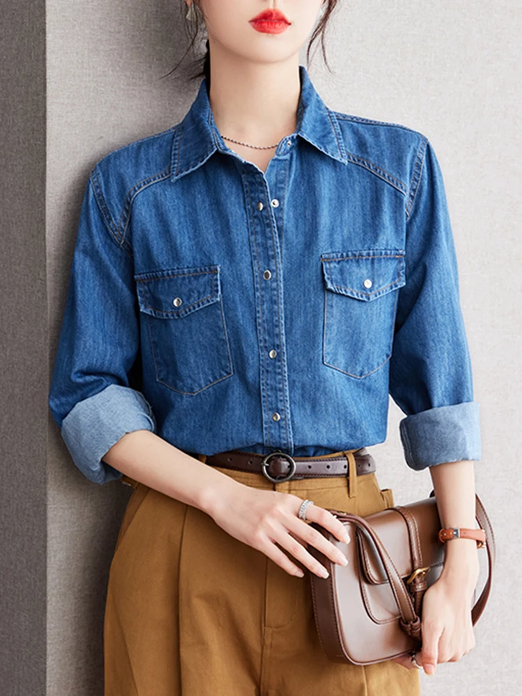 French Retro Blue Denim Shirt Autumn Turn Down Collar Long Sleeve Denim Jacket Single-Breasted Ladies Outerwear