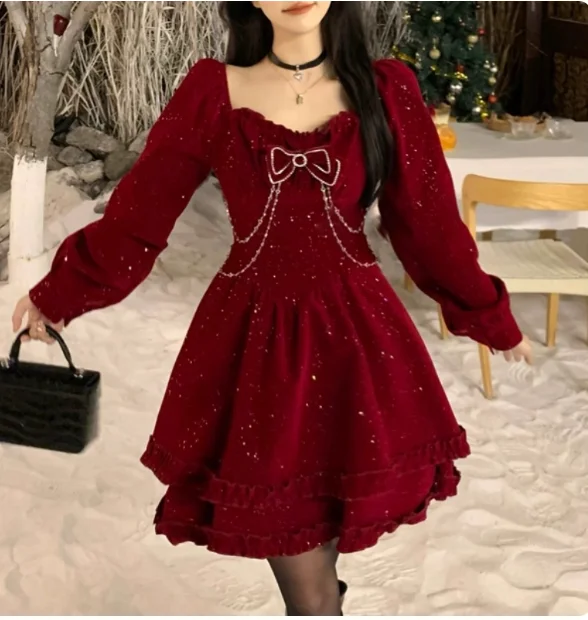 عيد الميلاد الخريف الشتاء جديد كبير الحجم فساتين مخملية حمراء أنيقة فتاة الفرنسية ساحة طوق عالية الخصر طويلة الأكمام فستان كوري
