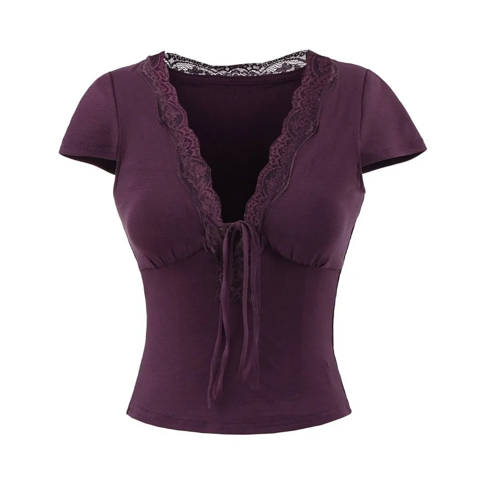 

Chic V Neck Slim Crop Tops Short Sleeve Sweet Bottoming T-shirt Elastic Lace Camisole Streetwear