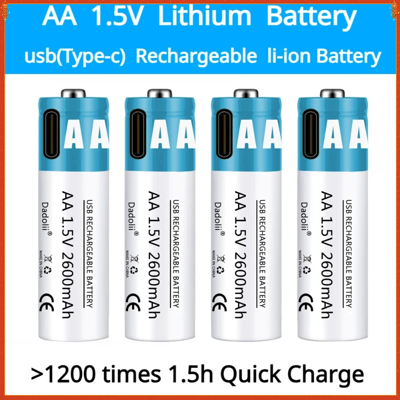 

AA Battery 1.5V AA 2600mAh USB rechargeable li-ion battery for remote control mouse small fan Electric toy battery + Cable