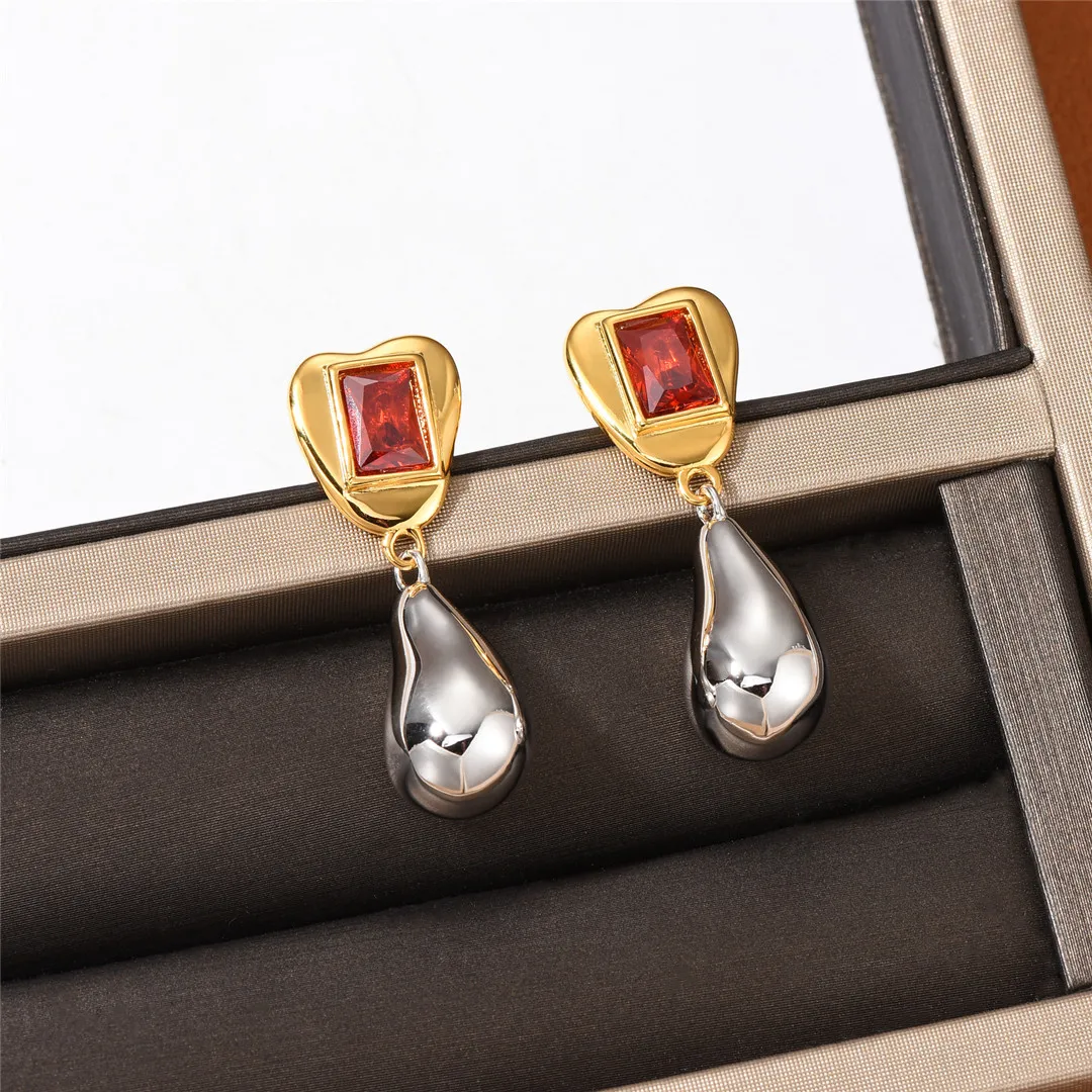 

Brass With 18K Red Stone 2 Tone Drop Earrings Women Jewelry Punk Party T Show Gown Runway Trendy Korean Japan Style INS