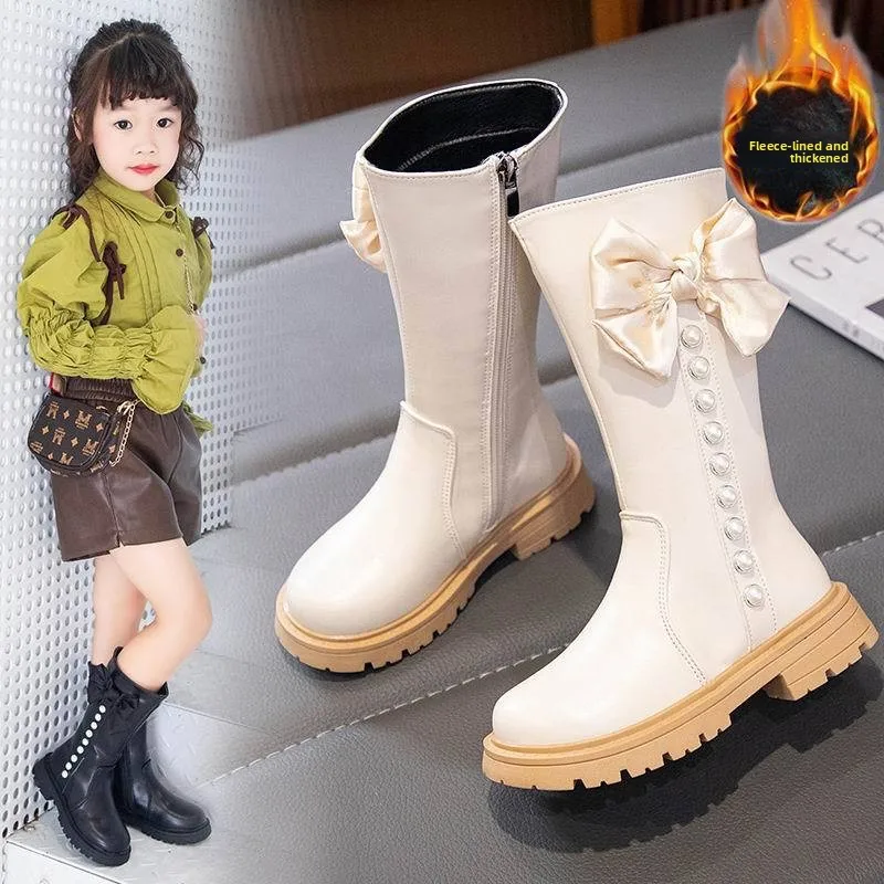 Girls Fashion Boots 3-18 Years Old Bow Bow Padded Girls Cotton Shoes Autumn Winter Beige Soft Non-slip Children's Leather Boots