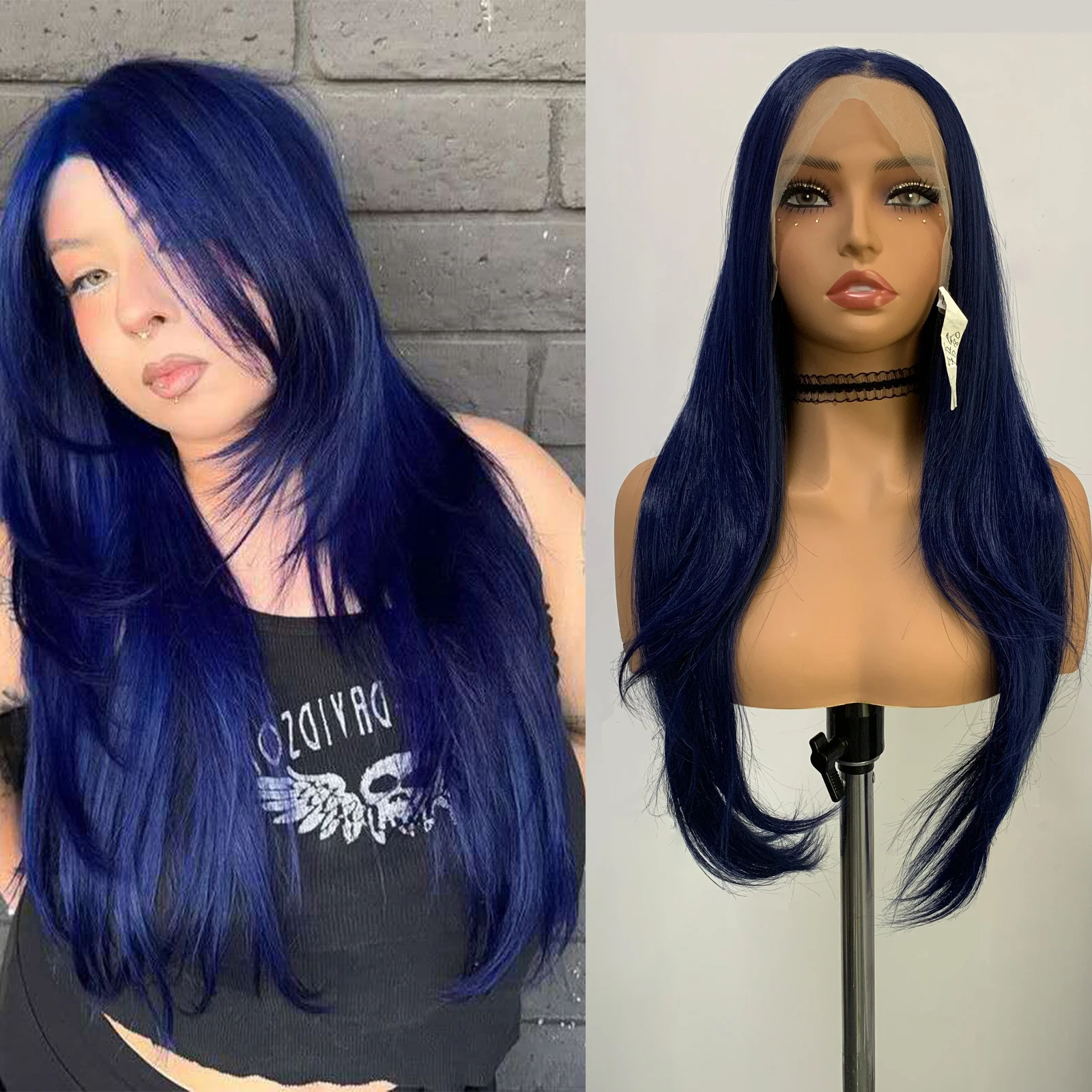WIF Dark Blue Curly Synthetic Wig Curl Wave Hair Heat Resistant Kinky Wavy 13 x 4 Lace Front Wigs Women Makeup Daily Use