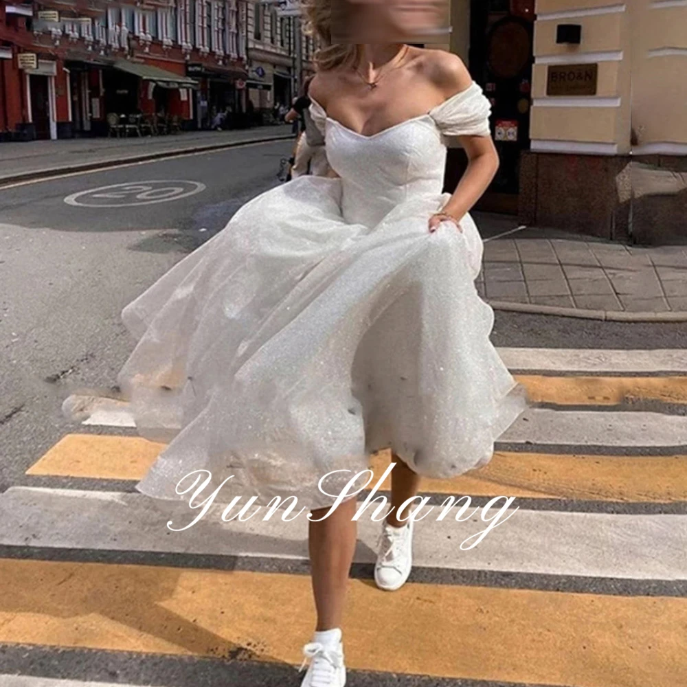 

YunShang Customized Bohemian Wedding Dresses Boho Off The Shoulder Short Sleeves Back Lace Up Bridal A-Line Corset Bride Robes