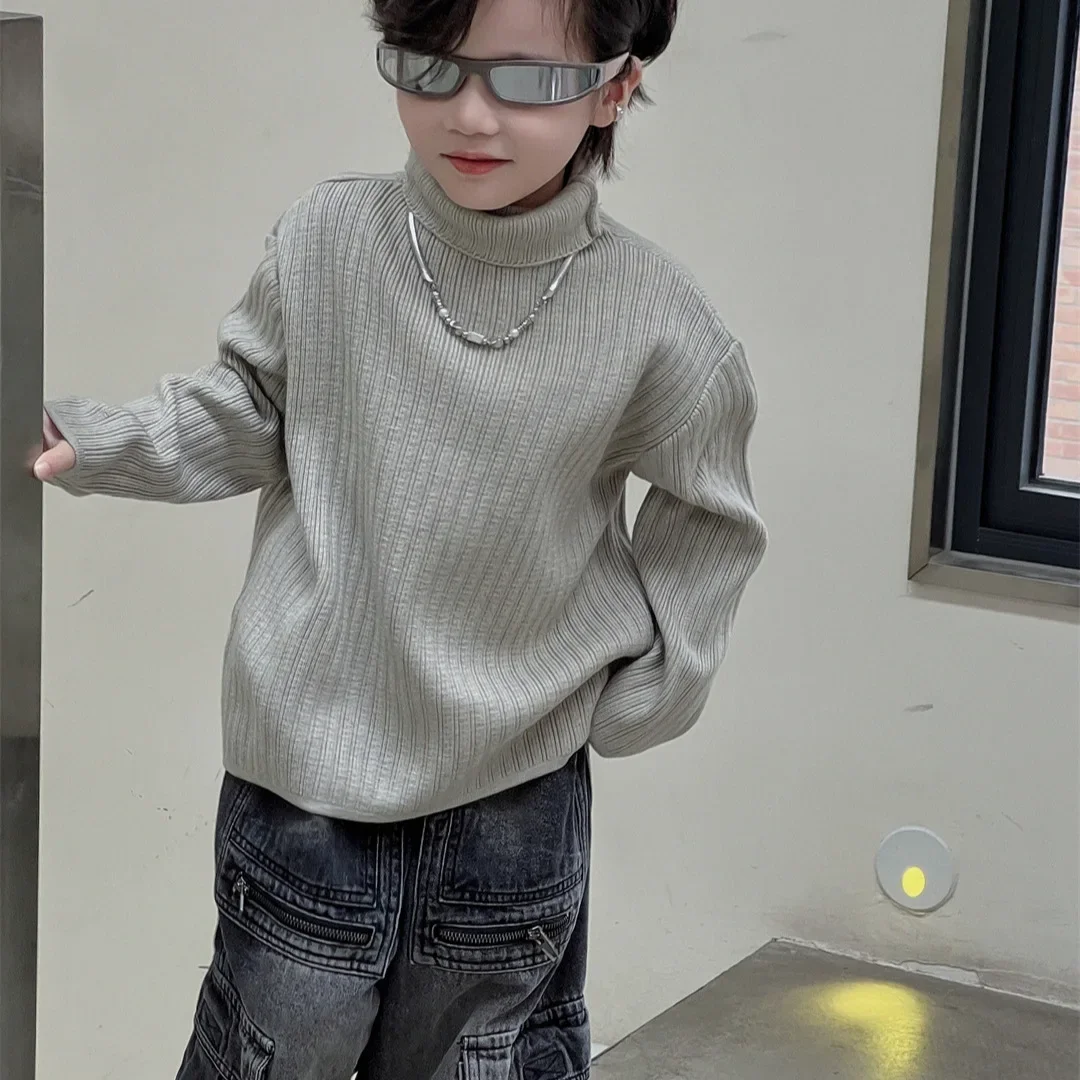 Children Clothing Solid Color Simple All Matching Sweater 2024 Winter New Loose Pullover Boys Soft Comfortable Undershirt