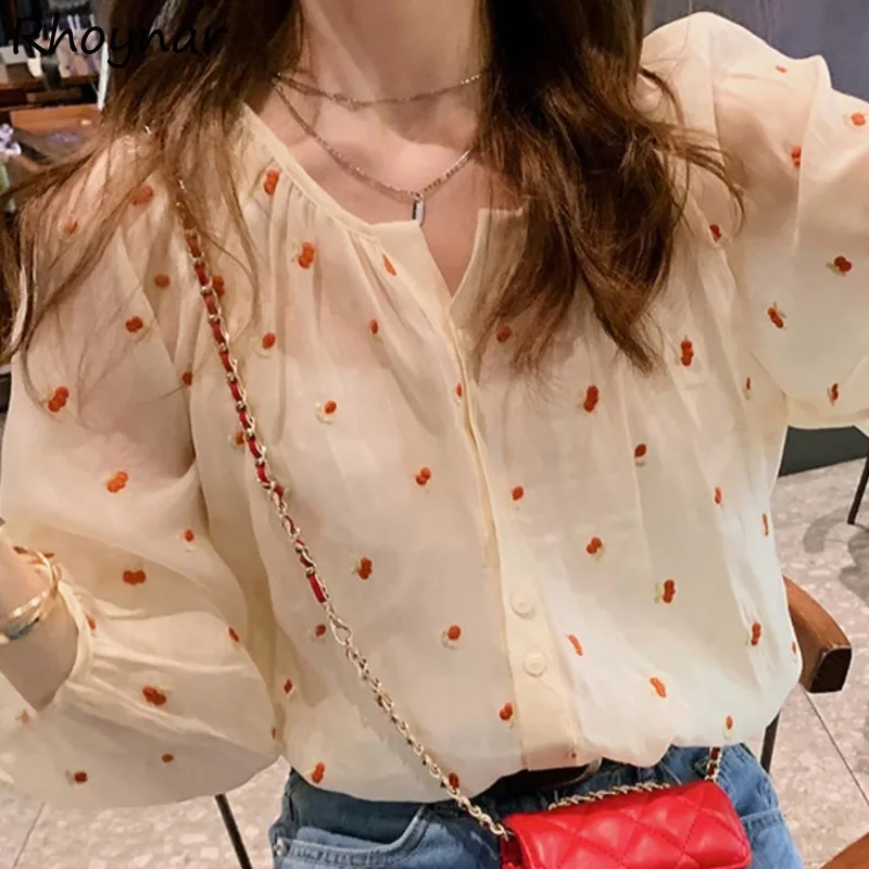 

Long Sleeve Shirts Women Korean Fashion All-match Simple Leisure Daily Summer Sweet Girls Elegant Floral Gentle Thin Popular