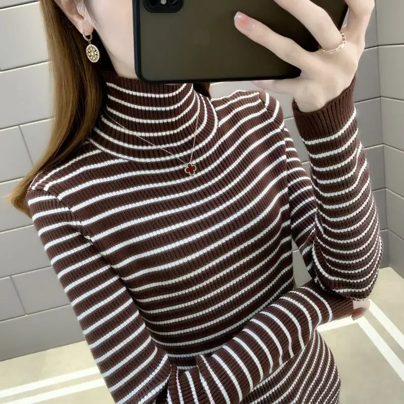 Women Autumn and Winter Korean Style New Half-turtleneck Striped Contrast Sweater Warm Slim and Thin Long Sleeves Bottom Shirt