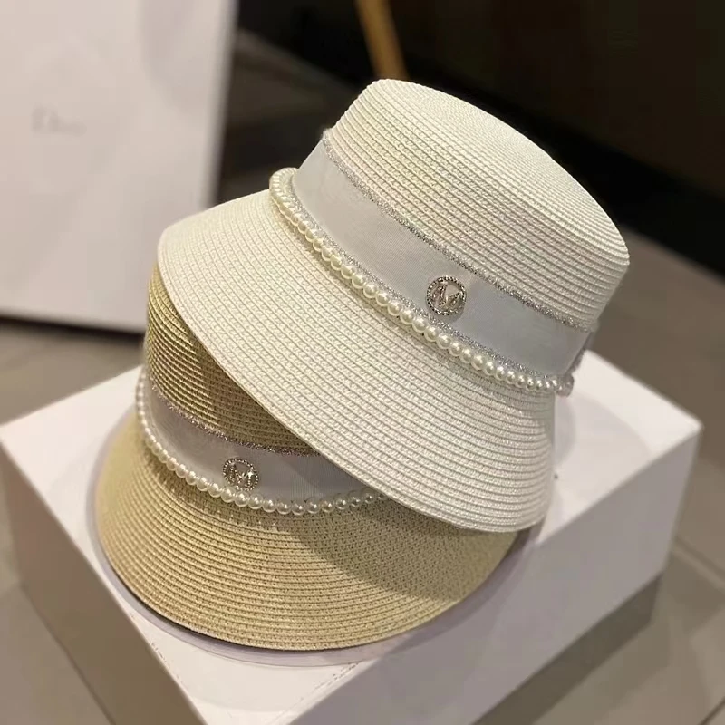 New Women's Sun Hats Summer Elegant Pearl Bow Straw Hat Fashion Foldable Boater Hat Cap Holiday Audrey Hepburn Beach Hat