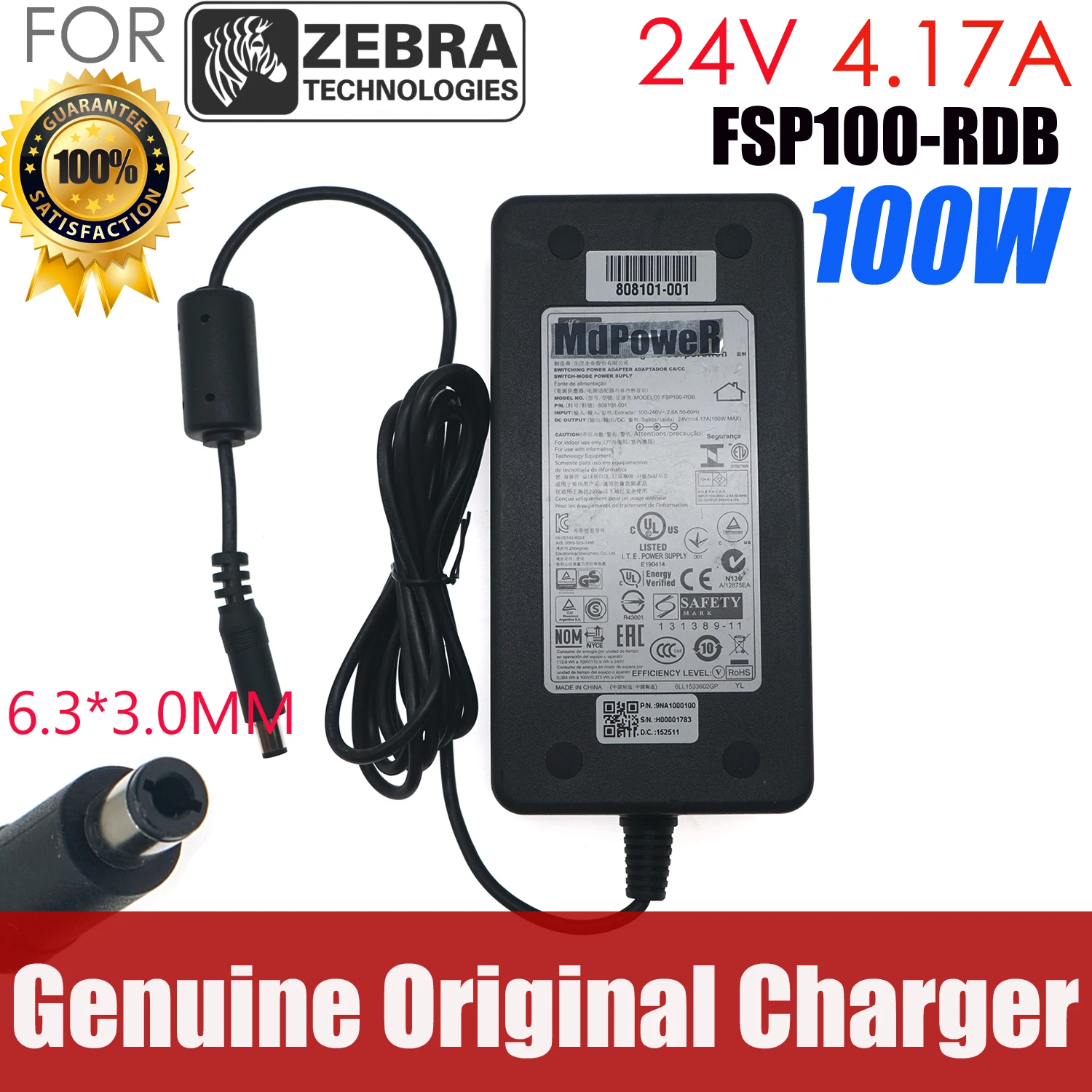 

Genuine FSP100-RDB 24V 4.17A 100W 6.3x3.0mm 808101-001 AC Adapter For Zebra ZXP3 GX420D GX420T GX430T GX43 Power Supply Charger