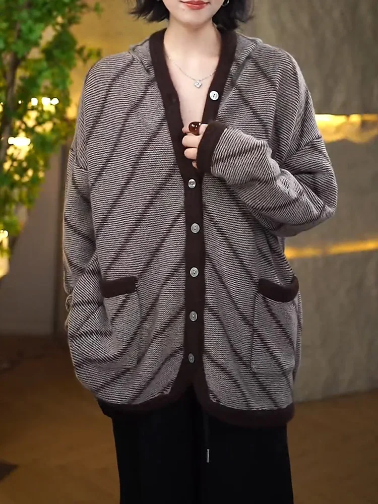 

Ретро-кардиган оверсайз вязаный, повседневный, в полоску, для женщин больших размеров, осень 2025, новинка, комфортный, для отдыха