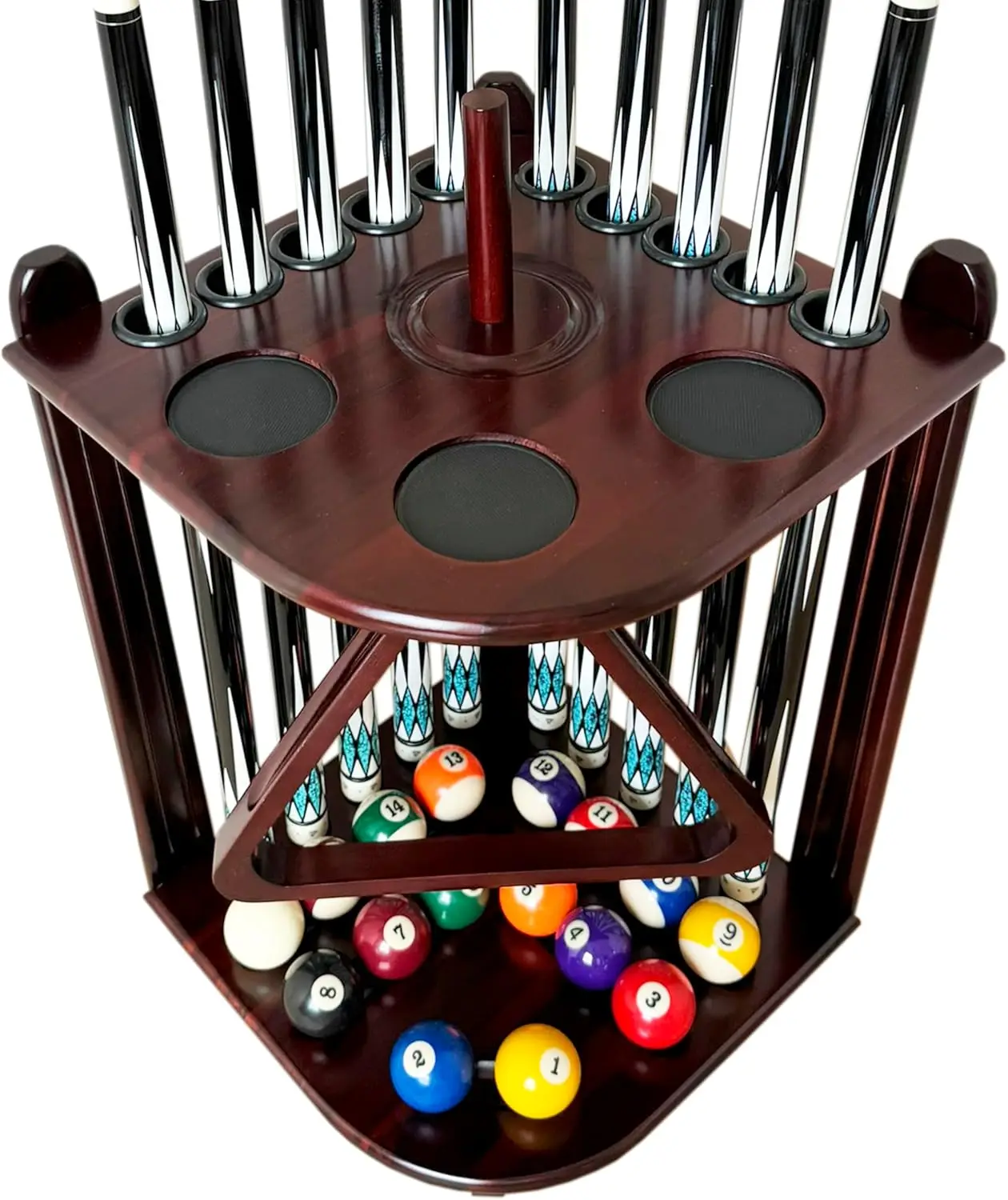 

Corner Pool Cue Holder Rack for 10 Sticks & Billiard Accessories, Solid Hardwood with Chalk Holder in Mahogany
