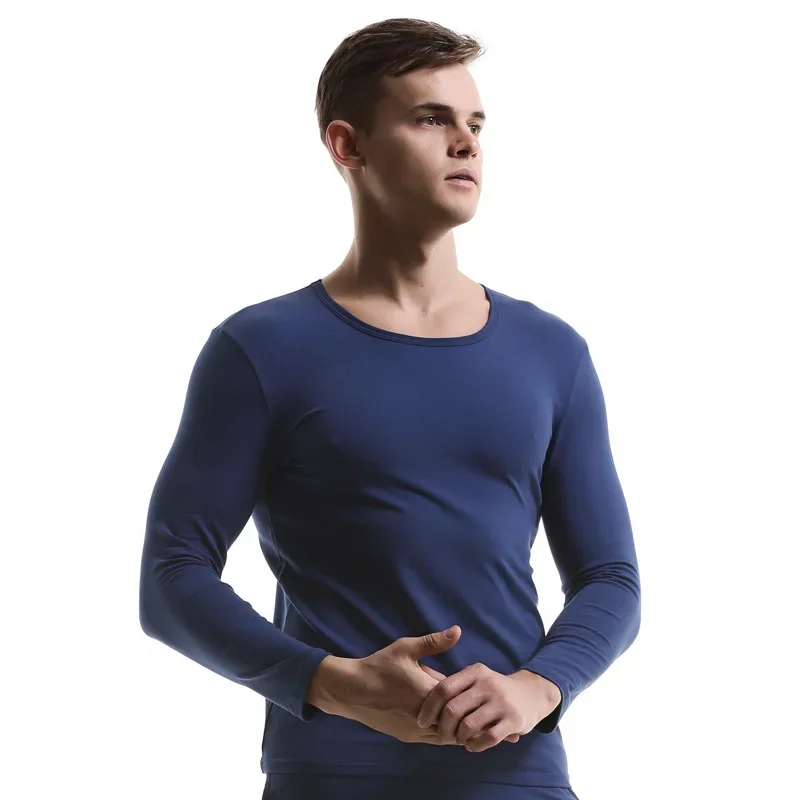 Mens Autumn Base Cotton Skin Friendly Thin Sleepwear Thermal Underwear Top Casual Loose Long Sleeved Elastic Warm Pullover Shirt