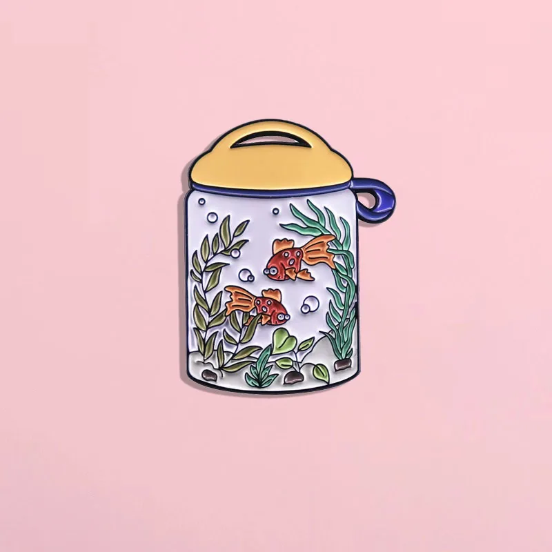 Fashionable Cute Little Goldfish Enamel Pin Interesting Fish Tank Tea Cup Badge Iapel Pin Women's Brooch Clothing Accessories