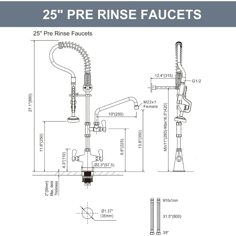 Commercial Kitchen Faucet with Single Hole Deck Mount and Pre-Rinse Sprayer, Including 10-Swing Add-on