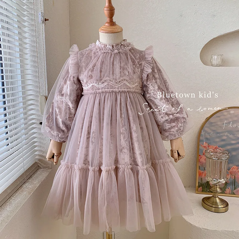 Girls Dress Autumn and Winter 2023 New Children Fleece Birthday Dress for Baby Girls Winter Pompadour Princess Dress