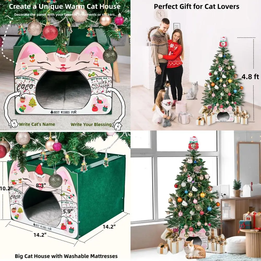 

4.8 ft Unlit PVC Spruce Christmas Tree, Cartoon Base & Topper, Perfect Gift for Cat Enthusiasts