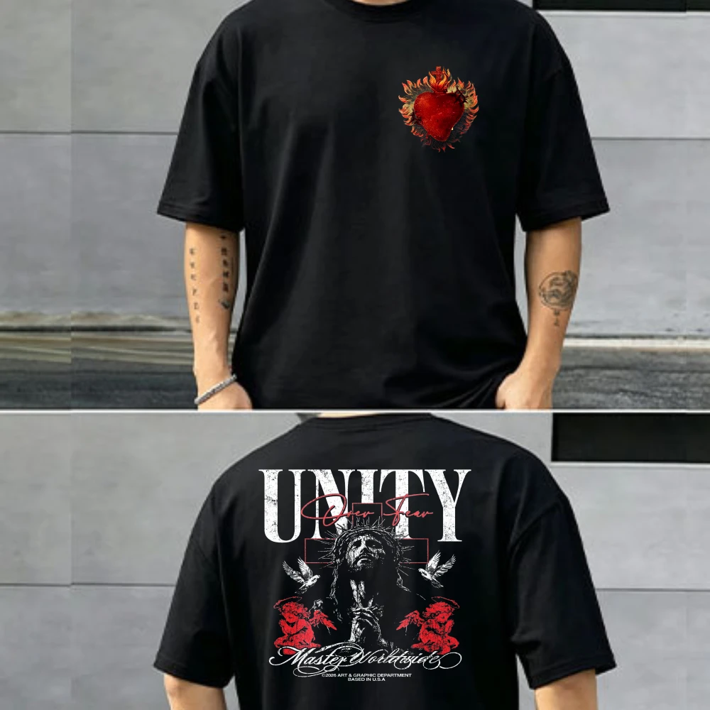 T-shirt Unisexe Rouge en Coton Imprimé Vintage Effet Vieilli avec Lettre Unification, Portrait de Jésus, Colombe et Ange, Coupe Ajustée, Style Religieux Urbain pour Usage Quotidien
